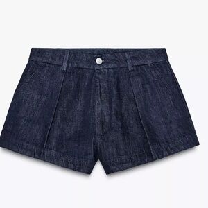 Zara Pleated High Waist Denim Shorts Dark Wash